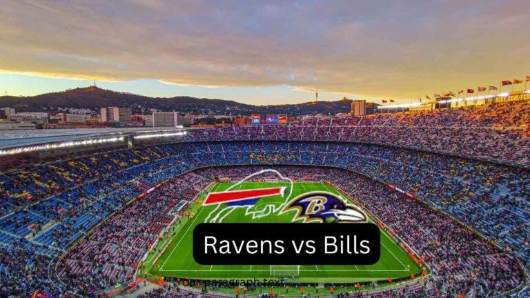 Aerial view of a packed stadium at sunset with a field displaying "Ravens vs Bills" along with their logos.