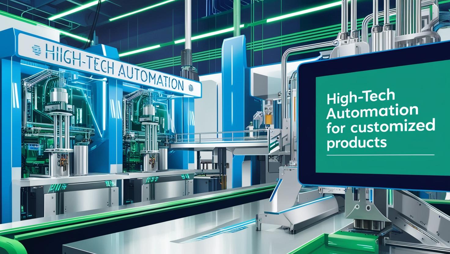 a machine with a sign in it and text High-Tech Automation for Customized Products